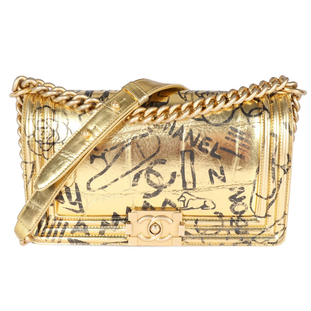 Chanel Metallic Gold Graffiti Crocodile-Embossed Medium Boy Bag